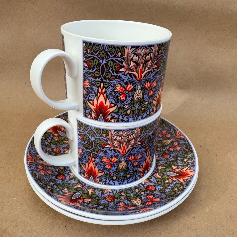 Set of 2 Dunoon William Morris Snakeshead Design Fine Bone China Teacup & Saucer